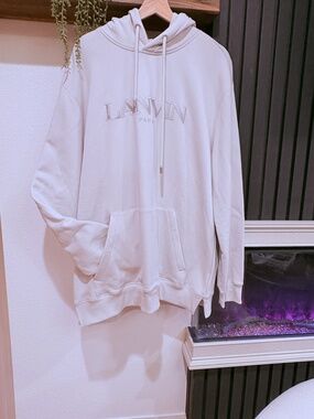 Lanvin Paris Embroidered Logo Cotton Hoodie Ivory Size L